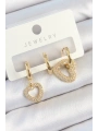 Pirinç Zirkon Taşlı Kalp Model Gold Renk 3lü Çift Kadın Küpe Set