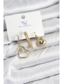 Pirinç Zİrkon Taşlı Kalp Model Gold Renk 3lü Kadın Küpe