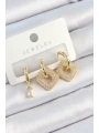 Pirinç Zirkon Taşlı Kare Model Gold Renk 3lü Çift Kadın Küpe Set