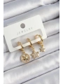 Pirinç Zirkon Taşlı Yıldız Model Gold Renk 3lü Çift Kadın Küpe Set