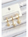 Pirinç Zirkon Taşlı Yıldız Model Gold Renk 3lü Çift Kadın Küpe Set