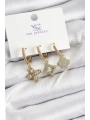 Pirinç Zİrkon Taşlı Yonca Model Gold Renk 3lü Kadın Küpe