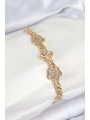 Pirinç Zirkon Taşlı Yonca Model Gold Renk Kadın Bileklik
