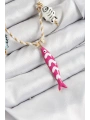 Seramik Motifli Pembe Balık Figürlü Model Krem İp Kadın Kolye