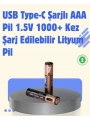 USB Type-C Şarjlı AAA Lityum Pil | 1.5V Sabit Voltaj, 1000+ Şarj Döngüsü ile Uzun Ömür