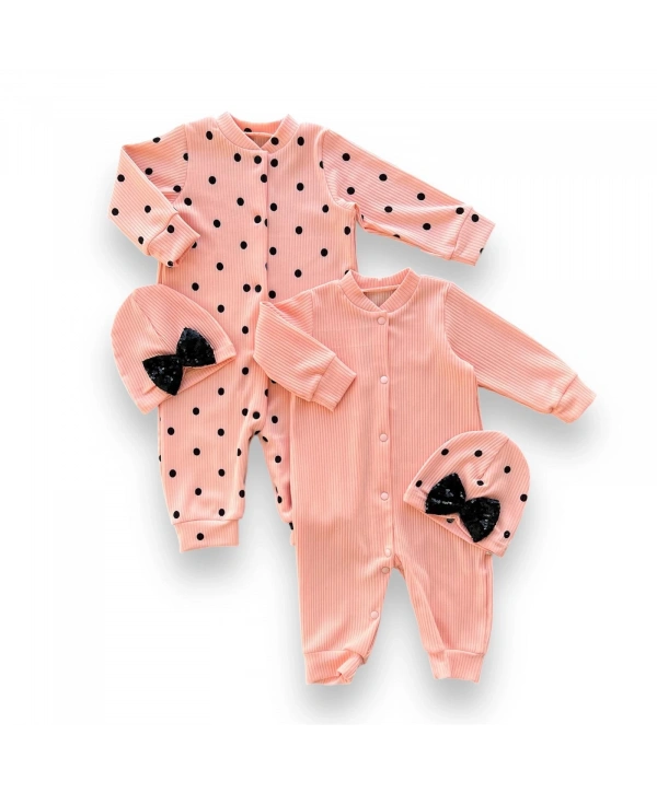 0-3 3-6 6-9 Ay Payetli Şapka Çıtçıt Kapamalı Puantiyeli Ve Düz 2 Li Kombin Kız Bebek Tulumları