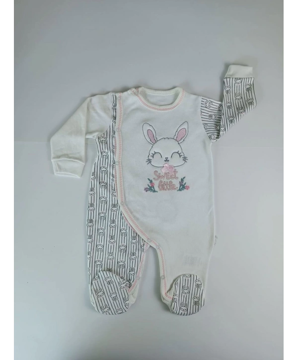 0-3 3-6 Ay Minik Tavşan Nakışlı Boydan Çıtçıt Kapamalı Kız Erkek Bebek Tulumu