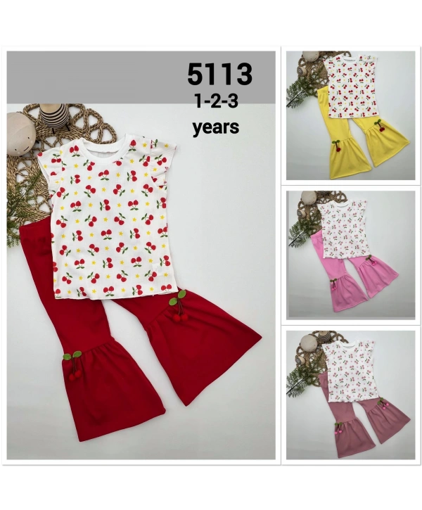 1-2-3-4 Yaş Kiraz Baskılı Tişört İspanyol Paçalı Likralı 2li Kız Çocuk Takımı