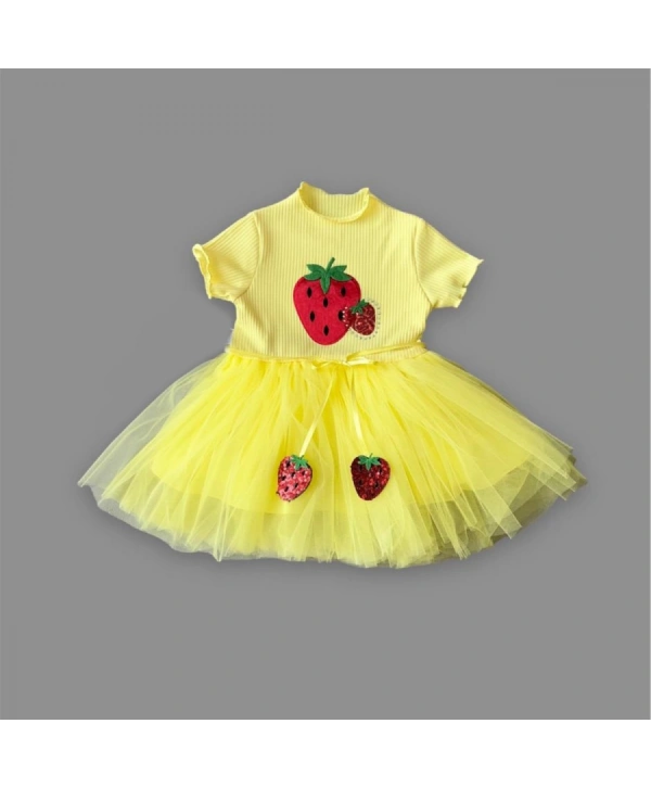 1-2-3 Yaş Payetli Çilek Baskılı Çilek Kuşaklı Kız Bebek Elbisesi