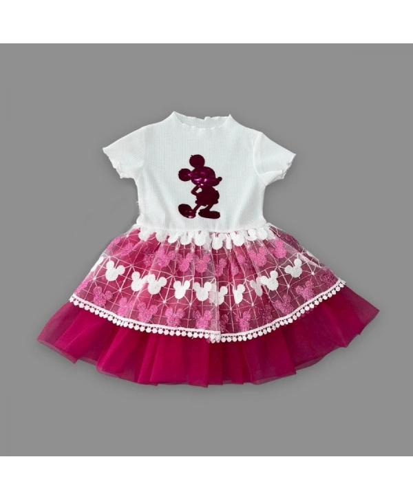 1-2-3 Yaş Payetli  Baskılı Brode Etekli Kız Bebek Elbisesi