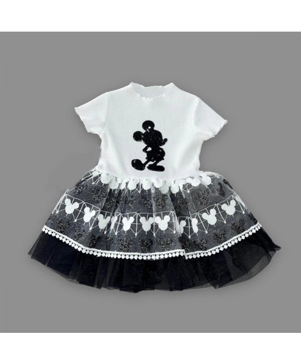 1-2-3 Yaş Payetli  Baskılı Brode Etekli Kız Bebek Elbisesi