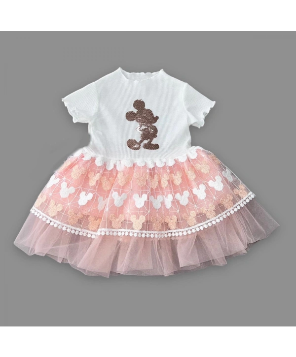 1-2-3 Yaş Payetli  Baskılı Brode Etekli Kız Bebek Elbisesi