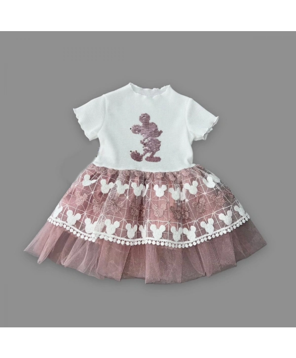 1-2-3 Yaş Payetli  Baskılı Brode Etekli Kız Bebek Elbisesi