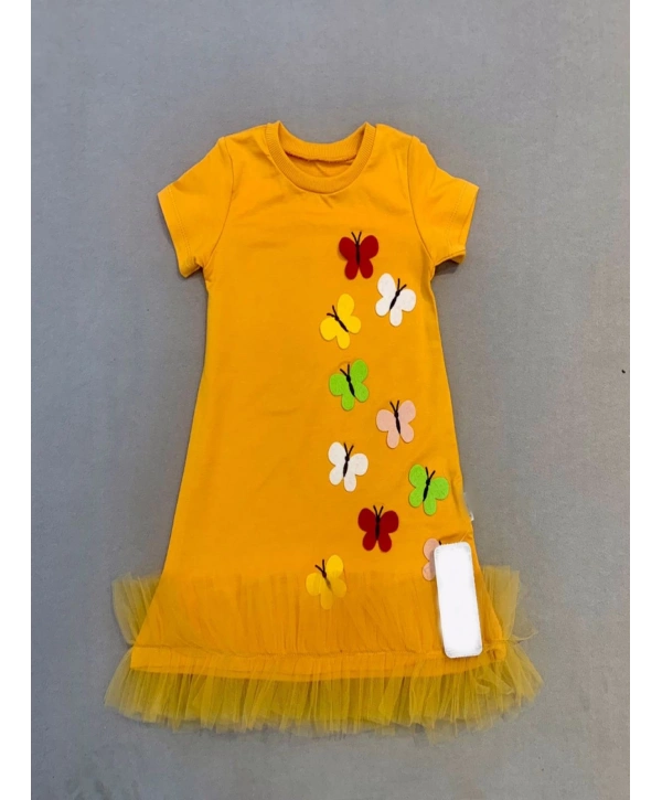 1-2-3 Yaş Renkli Kelebekler Nakışlı Eteği Fırfırlı Jile Çocuk Elbisesi