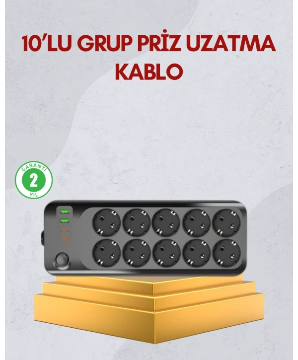10 Prizli Uzatma Kablosu Termal Koruma USB Type-C Hızlı Şarj 2500W