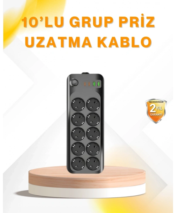 10’lu Çoklu Priz Termal Korumalı USB Type-C Çıkışlı 2500W Uzatma Kablosu