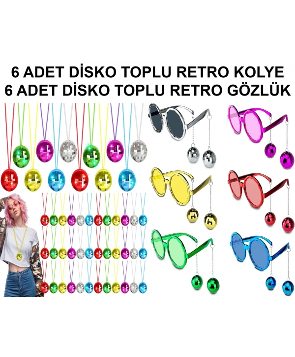 12 Parça Renkli Disko Toplu Retro Parti Seti – 6 Kolye + 6 Gözlük (5047)