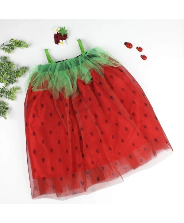 2-3-4 Yaş Askılı Çilek Kostüm Kız Çocuk Elbise