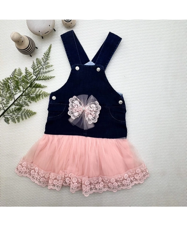 2-3-4 Yaş Fiyonklu Düğme Detaylı Tül Etek Kot Kumaş Salopet Kız Çocuk Elbisesi