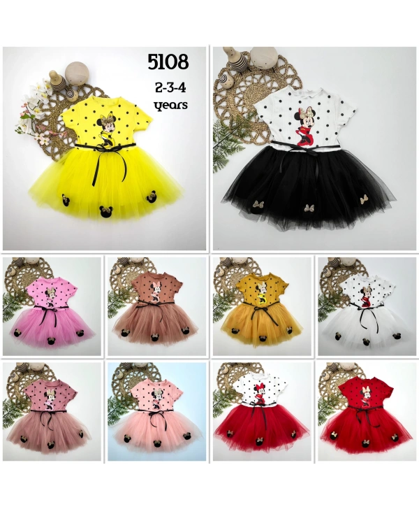 2-3-4 Yaş Puantiyeli  Baskılı Kurdela Kuşaklı Astarlı Kız Bebek Tütü Elbisesi