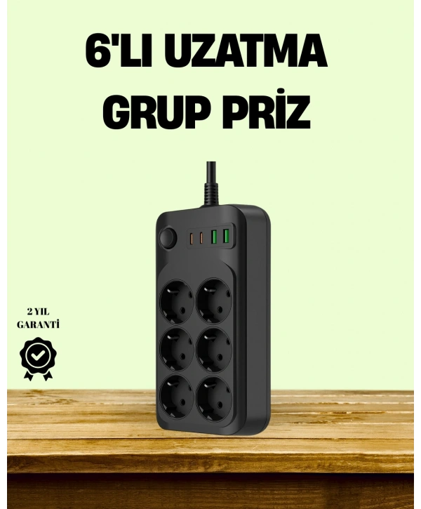 2500W Güçlü 6’lı Priz USB ve Type-C Çıkışlı Termal Korumalı