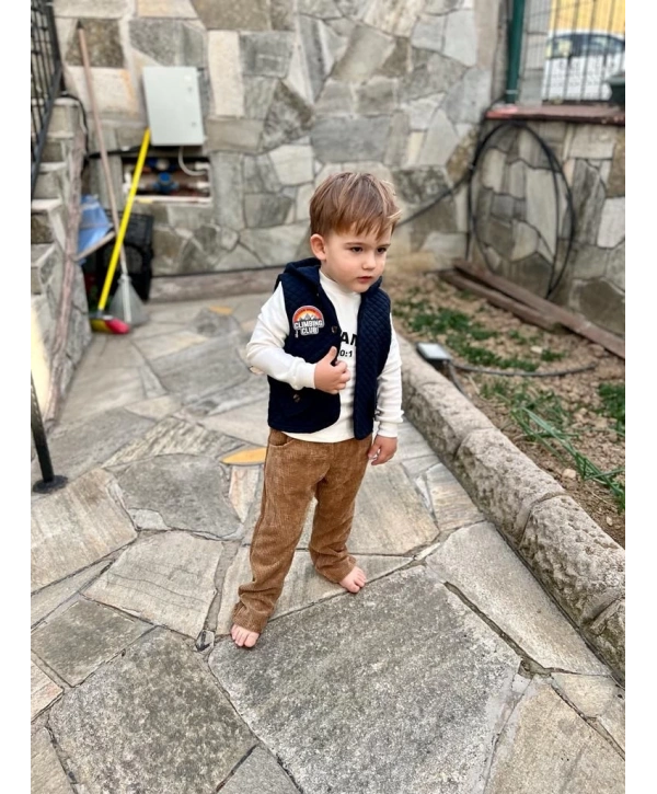 3-4-5 Yaş Fitilli Kadife Pantolon Kapitone Kapşonlu Yelek Uzun Kollu Sweat 3lü Erkek Çocuk Takımı