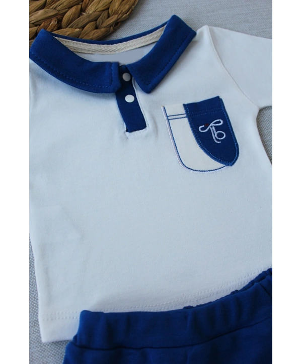 3-6 6-9 9-12 Ay Efendi Nakışlı Cep Şapkalı Uzun Kollu Sweat 3lü Erkek Bebek Takımı