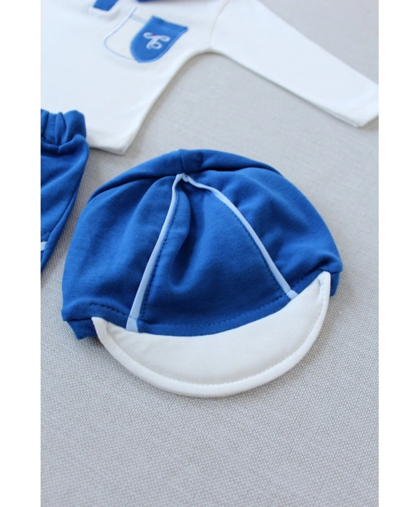 3-6 6-9 9-12 Ay Efendi Nakışlı Cep Şapkalı Uzun Kollu Sweat 3lü Erkek Bebek Takımı