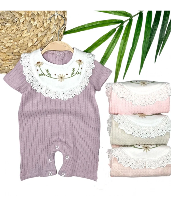 3-6-9-12 Ay Bebe Yaka Çiçek Nakışlı Pamuklu Petek Penye Yazlık Kız Bebek Tulumu