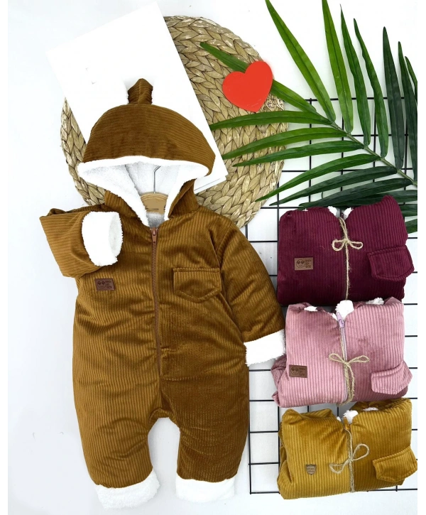3-6-9-12 Ay Fermuar Kapamalı Kadife Kumaş İçi Tüylü Kız Erkek Bebek Tulumu