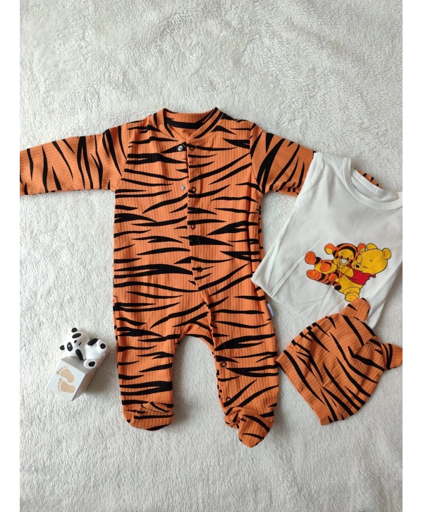 3-6-9-12 Ay Pooh Desenli Zebra Çizgili Şapkalı Sweatli 3lü Kız Erkek Bebek Tulumu(sarı)