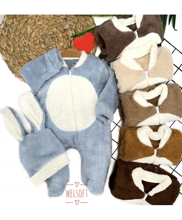 3-6-9-12 Ay Tavşan Kulak Şapkalı Fermuar Kapamalı Patikli Eldivenli Tüylü Erkek Bebek Tulumu