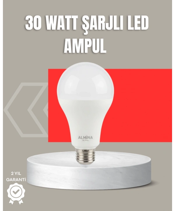 30W Şarjlı LED Ampul E27 Duy %80 Enerji Tasarruflu Soğuk Beyaz