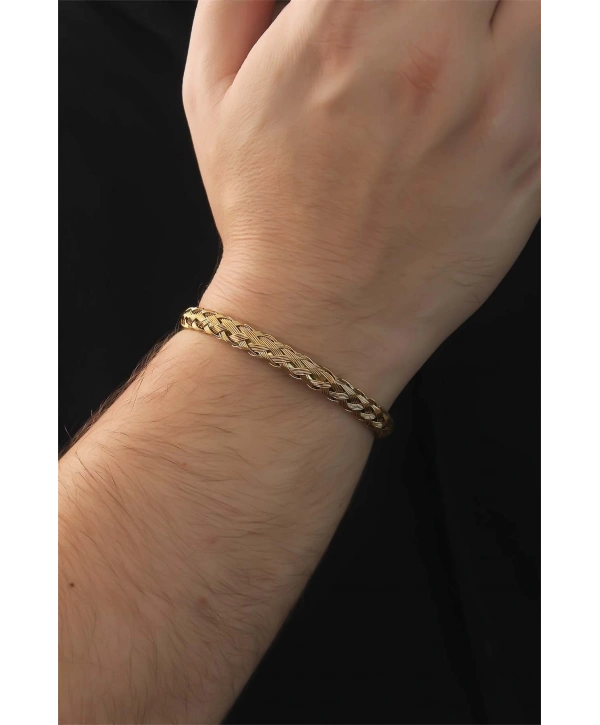 316L Çelik Altın Renk Kalın Yassı Örgü Model Erkek Bileklik
