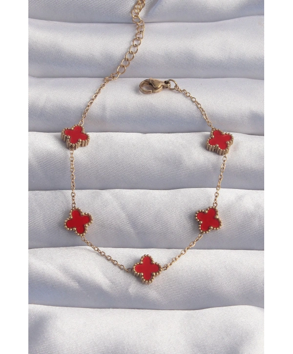 316L Çelik Baby Boy Gold Renk Kırmızı Mineli Yonca Bileklik