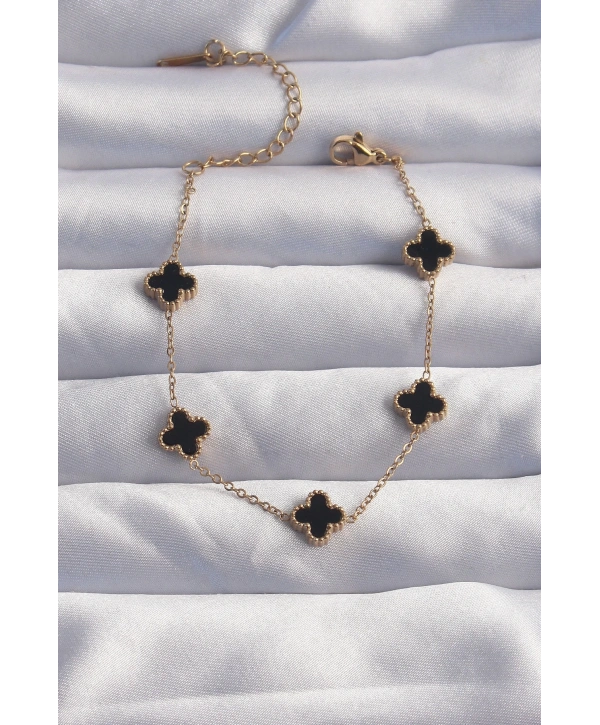 316L Çelik Baby Boy Gold Renk Siyah Mineli Yonca Bileklik