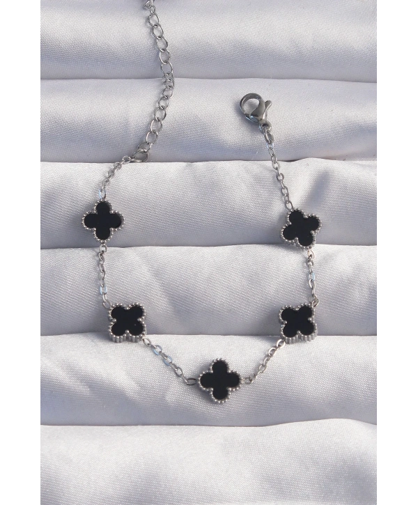 316L Çelik Baby Boy Gümüş Renk Siyah Mineli Yonca Bileklik