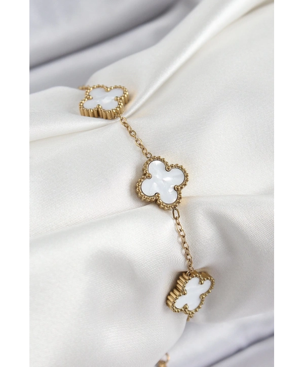 316L Çelik Beyaz Sedef Yonca Model Gold Renk Kadın Bileklik