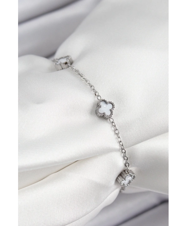 316L Çelik Beyaz Sedef Yonca Model Gümüş Renk Kadın Bileklik