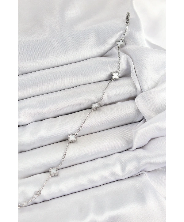 316L Çelik Beyaz Sedef Yonca Model Gümüş Renk Kadın Bileklik