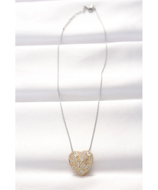 316L Çelik Çift Renk Zirkon Taşlı Kalp Kolye