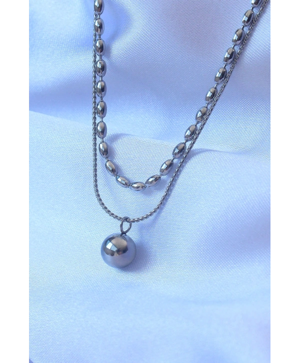 316L Çelik Çift Zincirli Gümüş Renk Topçuk Model Kolye