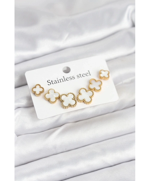 316L Çelik Gold Beyaz Renk 3 Boy Yonca Küpe Seti