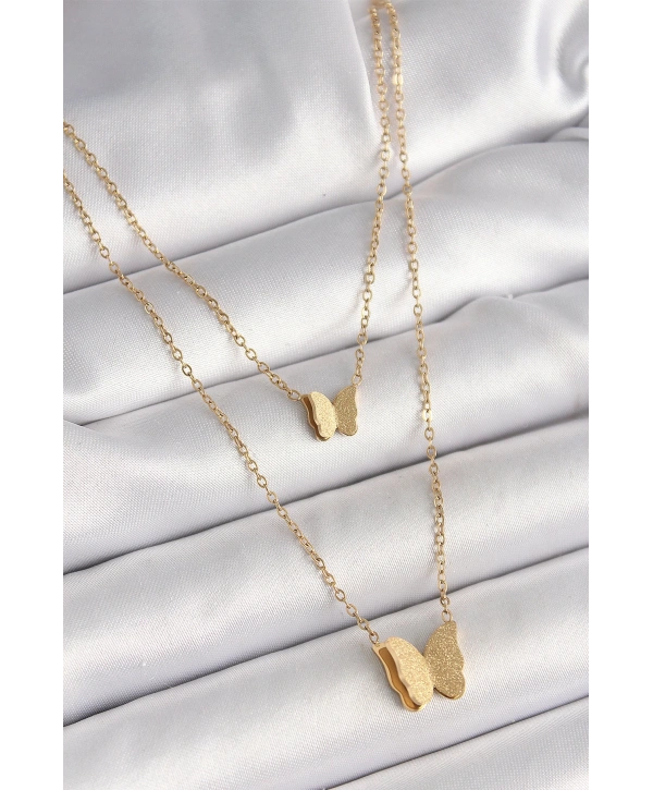 316L Çelik Gold Renk 2Li Simli Kelebek Model Kadın Kolye