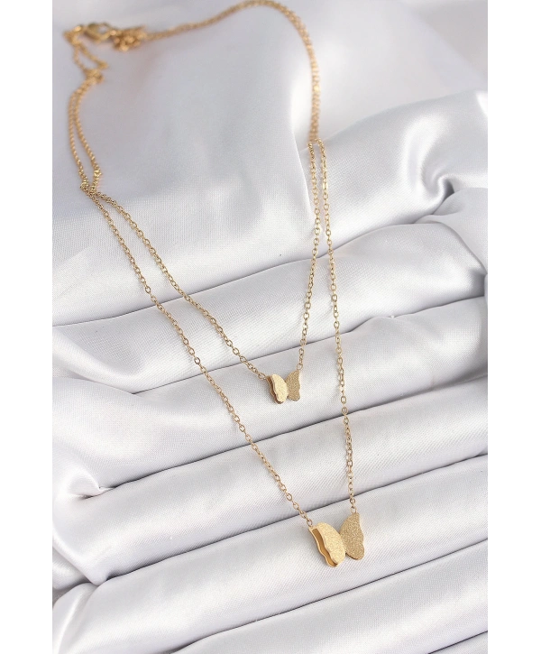 316L Çelik Gold Renk 2Li Simli Kelebek Model Kadın Kolye