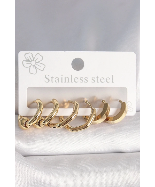 316L Çelik Gold Renk Altıgen Halka Model Kadın Küpe Seti