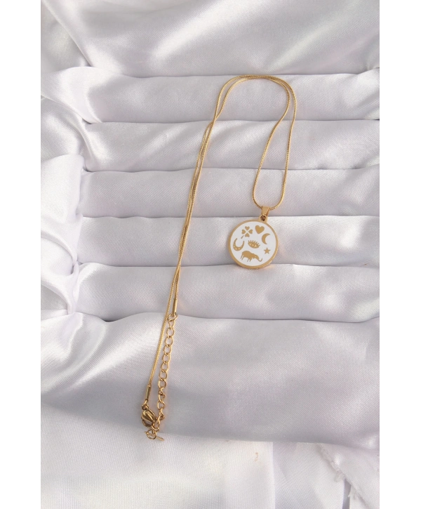316L Çelik Gold Renk Beyaz Mineli Karışık Figürlü Tarot Kolye