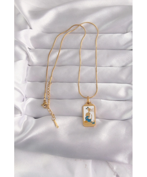 316L Çelik Gold Renk Beyaz Mineli Kız Figür Tarot Kolye
