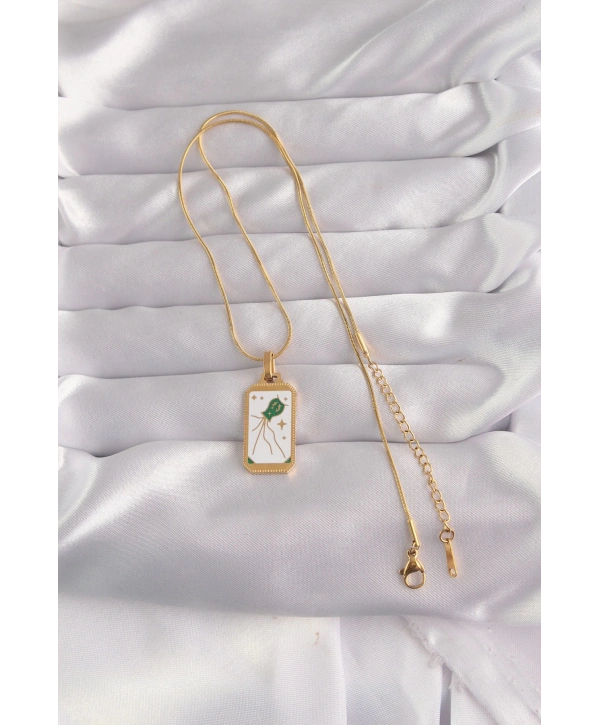 316L Çelik Gold Renk Beyaz Mineli Tarot Kolye