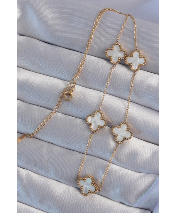 316L Çelik Gold Renk Beyaz Sedefli Yonca Kolye